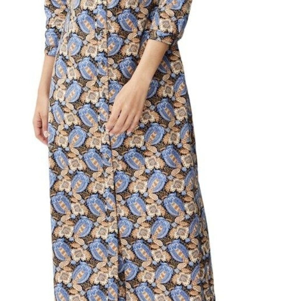 Elegant Blue and Beige Floral Long Sleeve Dress